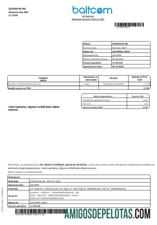 Para baixar modelo de conta de serviços públicos de telecomunicações Baltcom da Letônia em formatos Word e PDF (versão em letão)